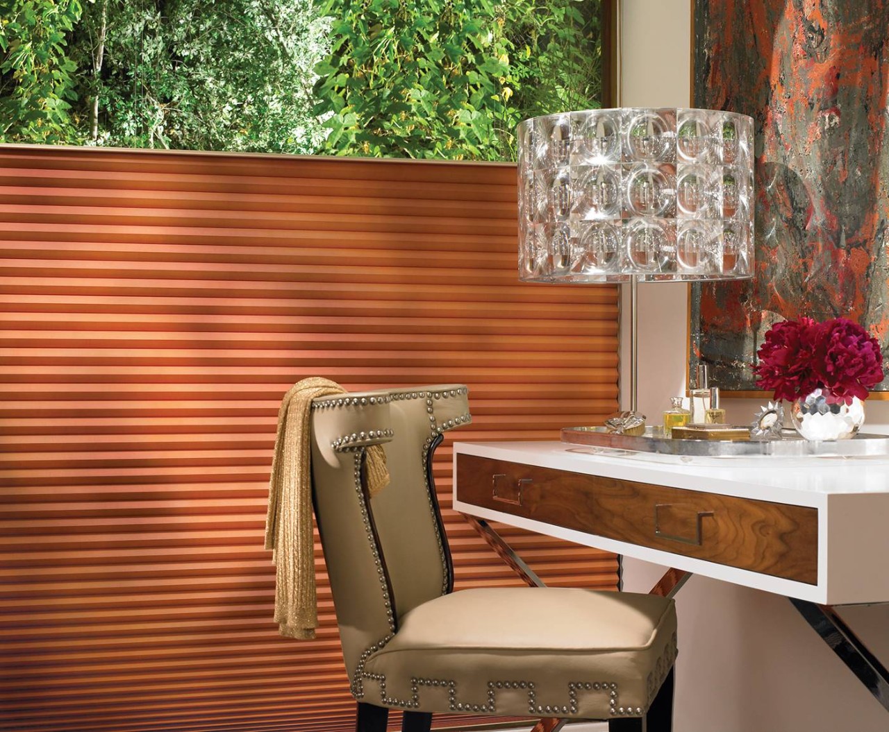 Dark orange Hunter Douglas Duette® Cellular Shades in a living room near Youngstown, OH