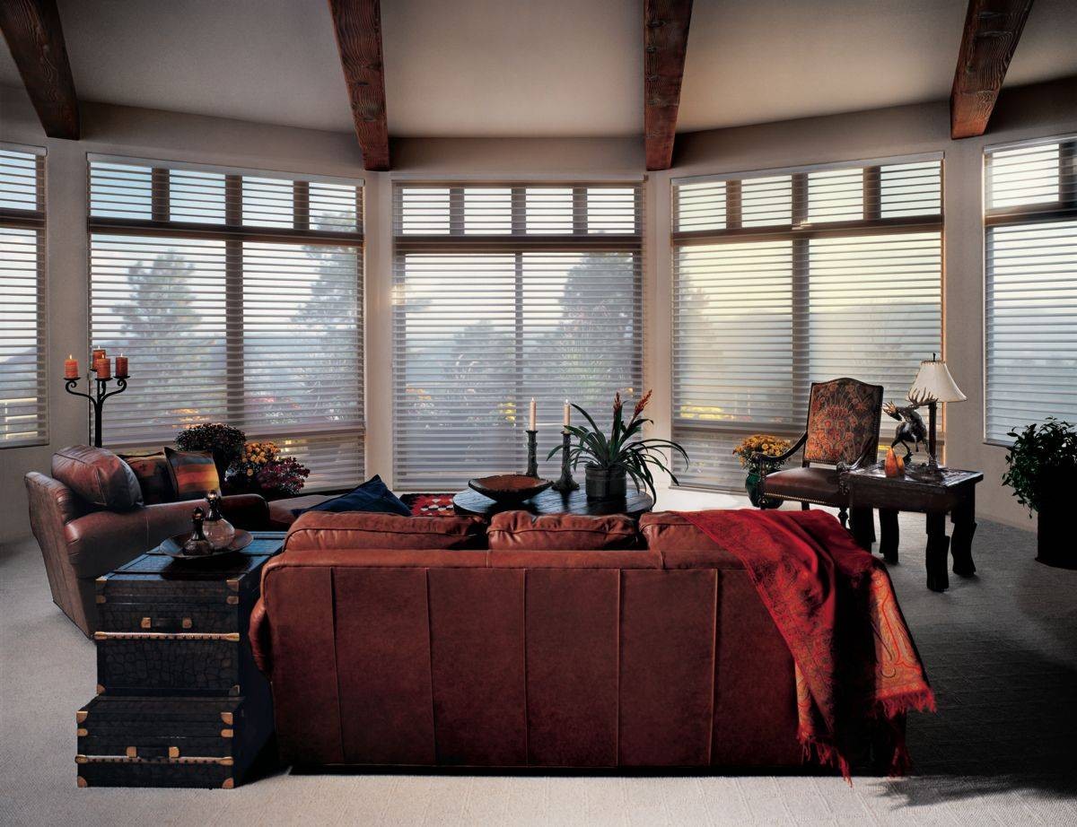 A living room bay window in Youngstown, OH, decorated with Hunter Douglas window treatments