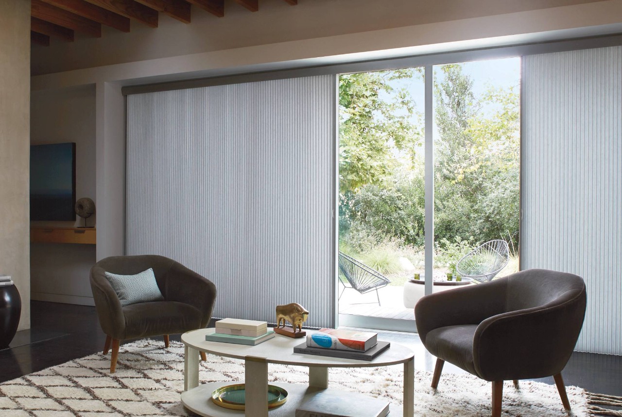 Hunter Douglas cellular shades covering a sliding glass door near Youngstown, OH