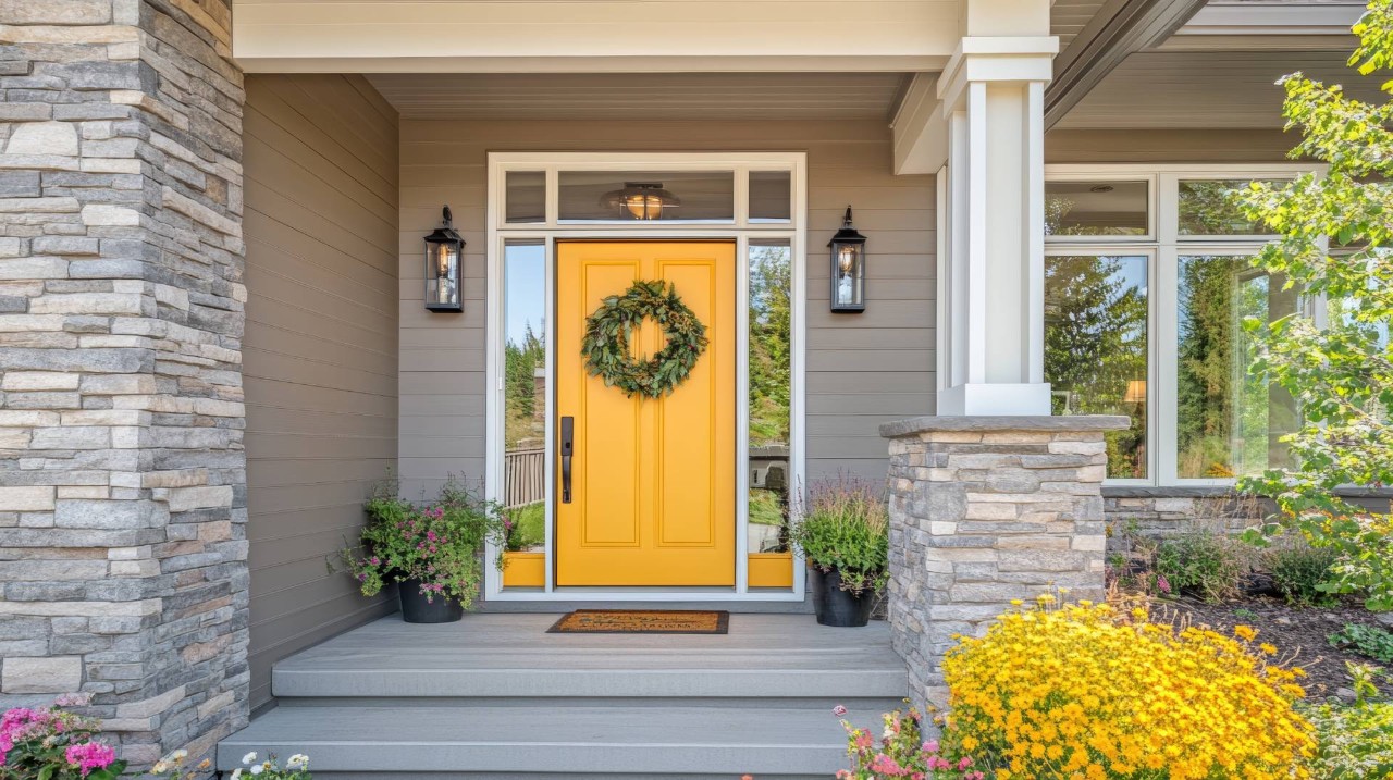 Front porch of a home with a yellow door and sidelight windows at The Blind Shop near Youngstown, OH