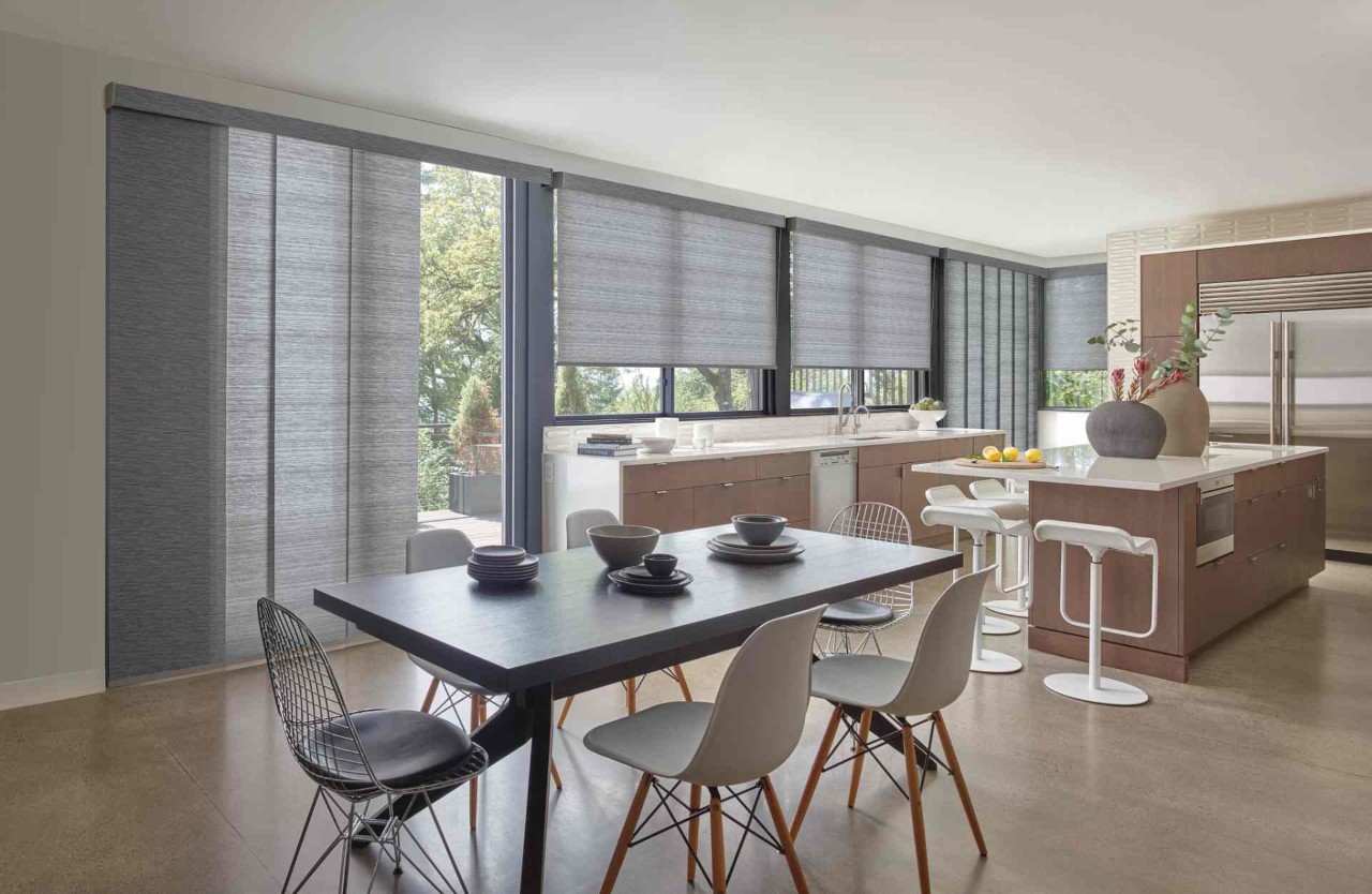 Hunter Douglas Skyline® Panel-Track Blinds in a modern living room near Youngstown, OH